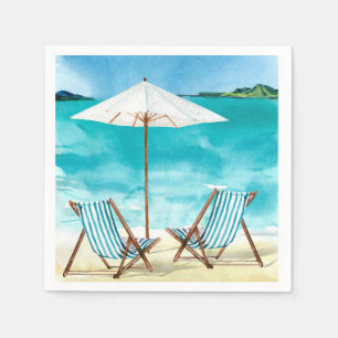Beach Scene with two beach chairs and umbrella Napkin