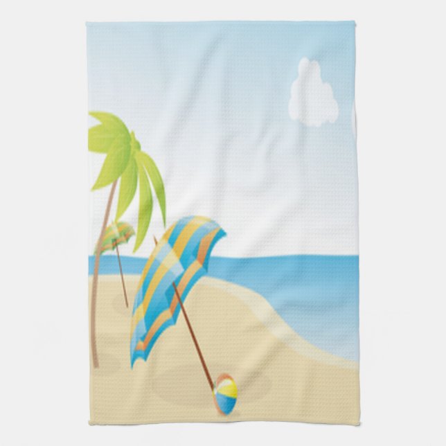 Beach Scene with Umbrella, Palm Trees & Beach Ball Tea Towel (Vertical)
