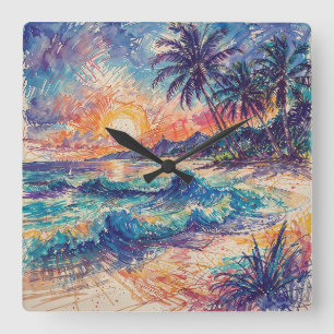 Beach Scribbles - Line Art Style Landscape Square Wall Clock
