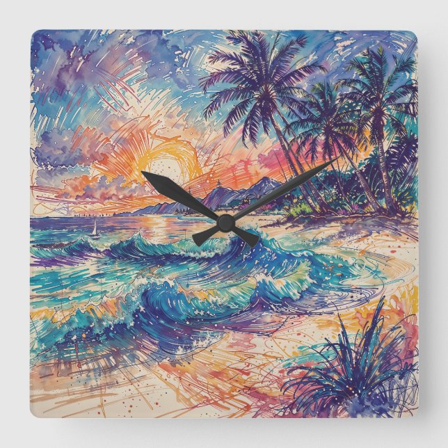 Beach Scribbles - Line Art Style Landscape Square Wall Clock (Front)