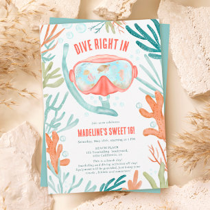 Beach Scuba diving watercolor sea life Sweet 16 Invitation
