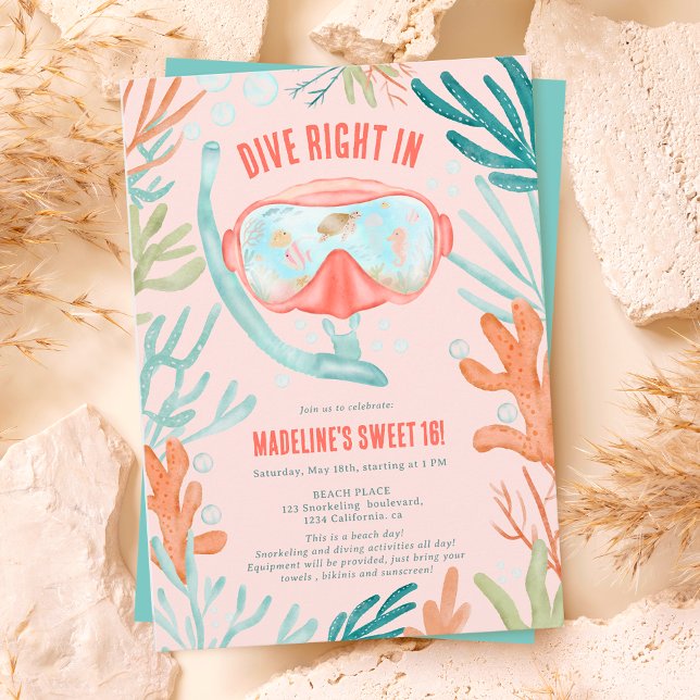Beach Scuba diving watercolor sea life Sweet 16 Invitation (Creator Uploaded)