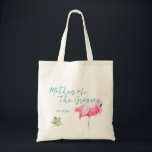 Beach sea flamingo wedding mother of the groom tote bag<br><div class="desc">Pink watercolor flamingo mother of the groom sea / beach / destination wedding tote bag with aqua blue calligraphy script,  a tropical flamingo bird and editable text. Personalise it with the mother of the groom's name.</div>