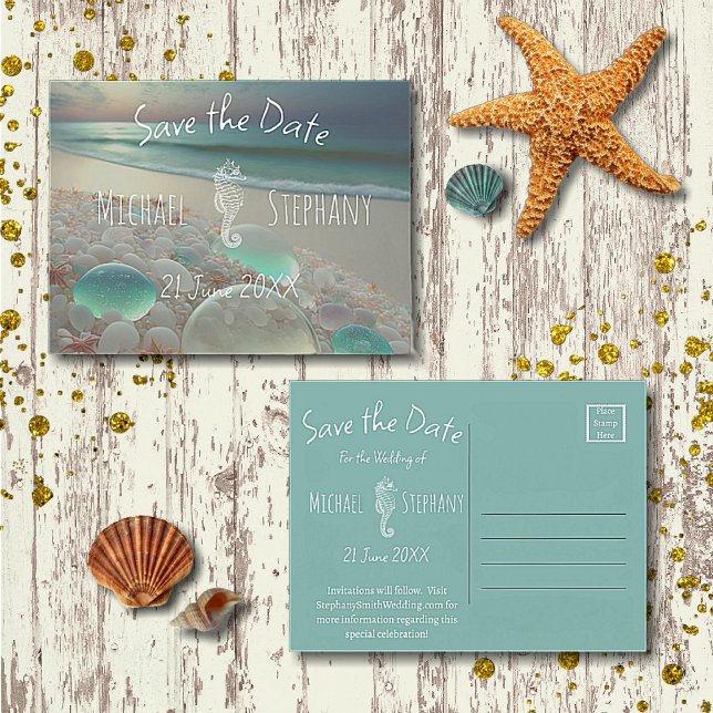 Beach Sea Glass Seahorse Save the Date Invitation Postcard (Creator Uploaded)