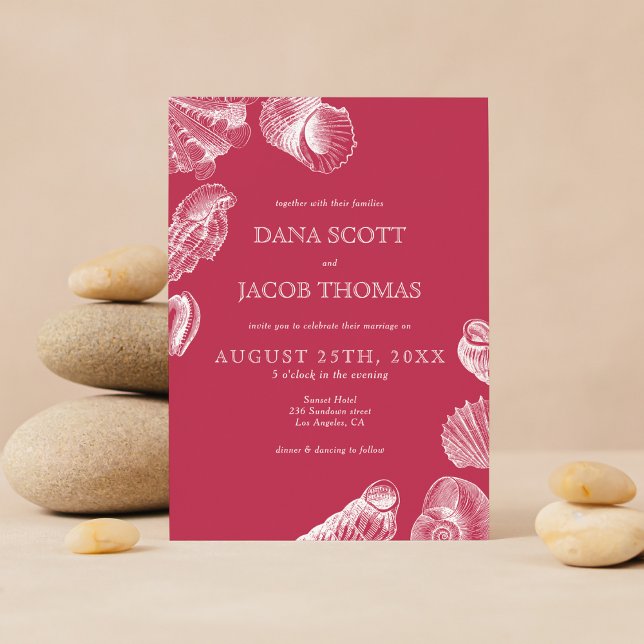 Beach Sea Shell Viva Magenta Summer Wedding Invitation (Creator Uploaded)
