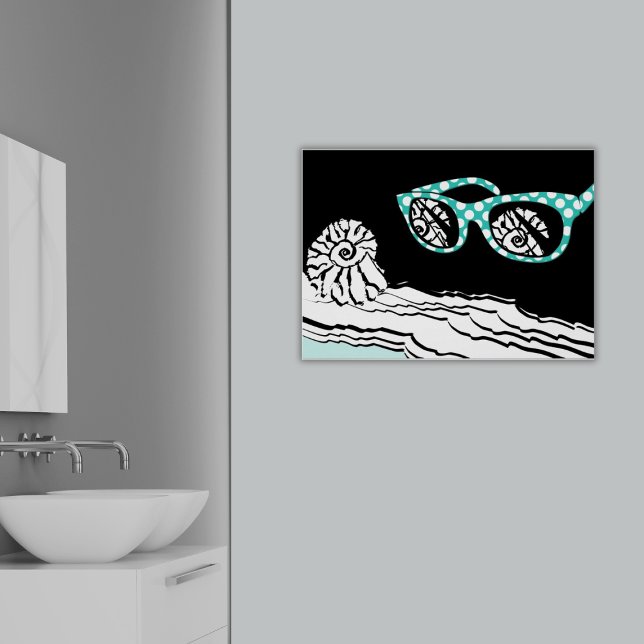 Beach Sea & Turquoise Polka Dot Glasses Bathroom  Poster (Turquoise Sunglasses at the Beach, Shell Mirroring, Surf Rolling, Bathroom Art)