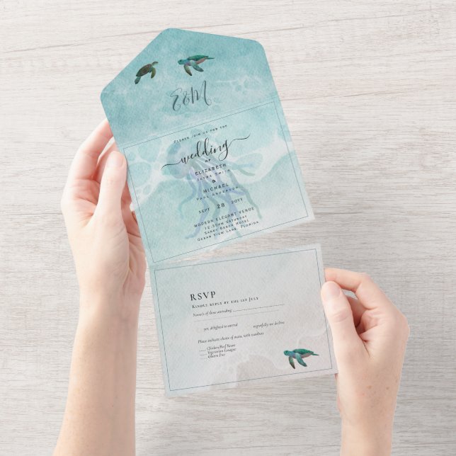 Beach Sea Turtle Destination Wedding RSVP MENU All In One Invitation (Tearaway)