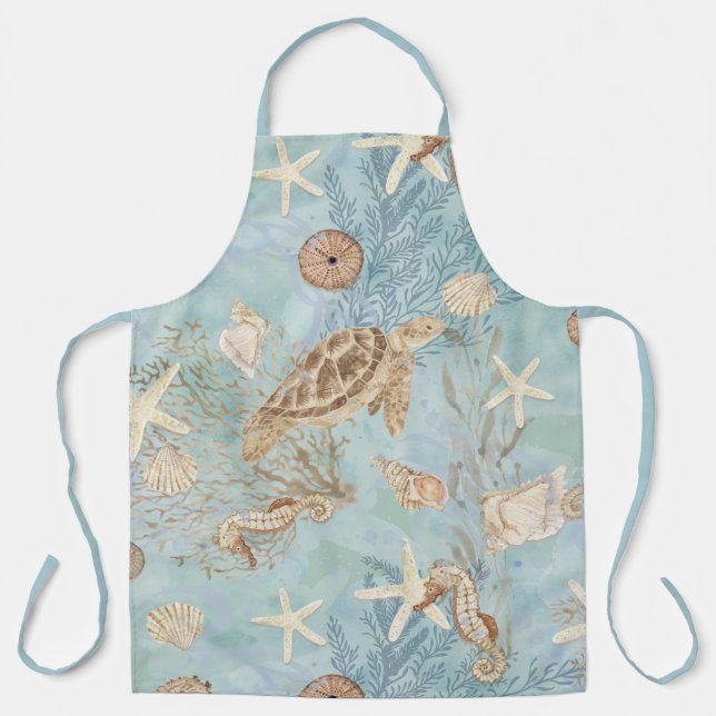 Beach Sea Turtle Ocean Seahorse Shells Starfish Apron (Front)