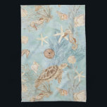 Beach Sea Turtle Ocean Seahorse Shells Starfish Tea Towel<br><div class="desc">This coastal beach undersea sea life artwork was beautifully hand painted in watercolor. It features a Green Sea Turtle surrounded by starfish, seashells, seahorses and sea urchins over a beautiful, shimmering blue sea water background Created by internationally licensed artist and designer, Audrey Jeanne Roberts ©. Audrey Jeanne's artwork is available...</div>