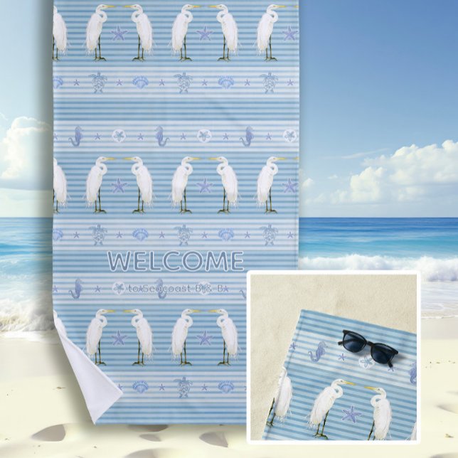 Beach Sea Turtle Seahorse Egret Blue Personalized Towel (Creator Uploaded)