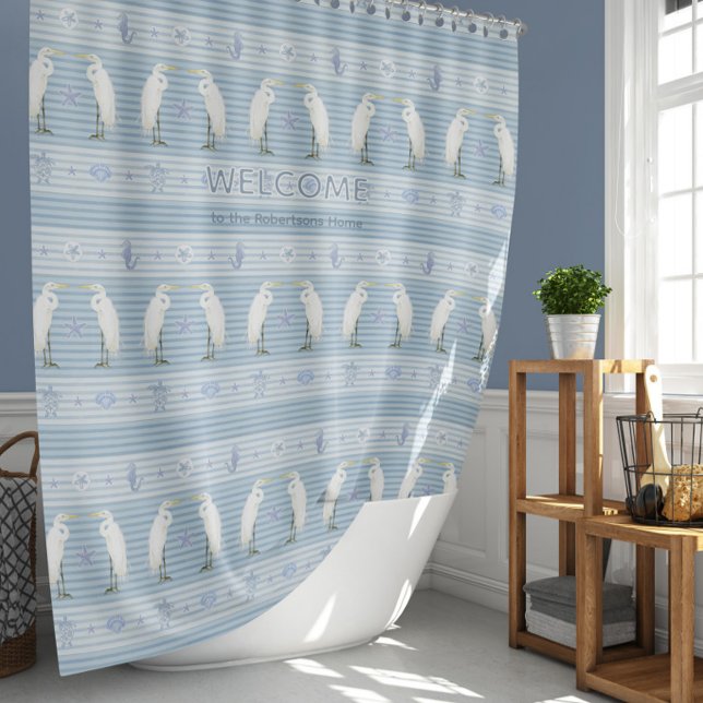 Beach Sea Turtle Seahorse Egret Blue Striped Bath Shower Curtain (Creator Uploaded)