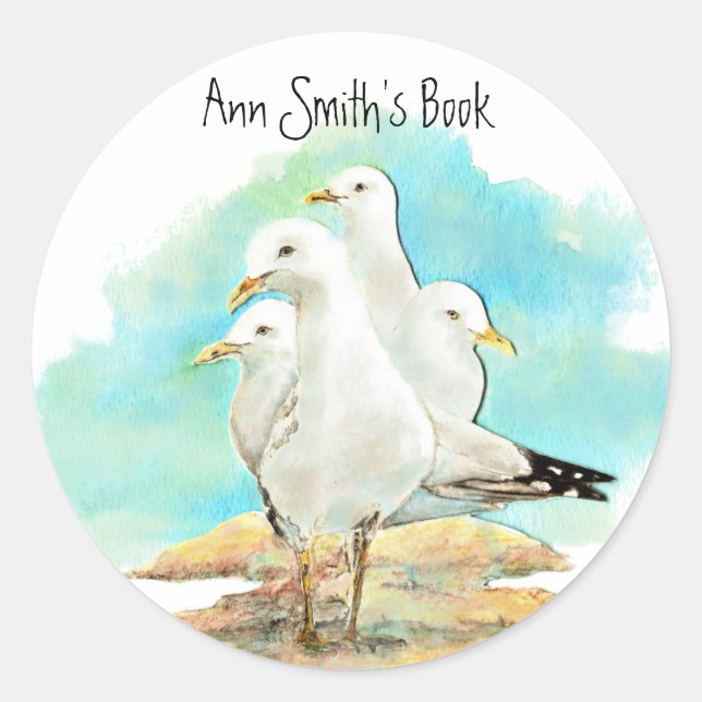 Beach & Seagull Book Plate to Customise Classic Round Sticker (Front)