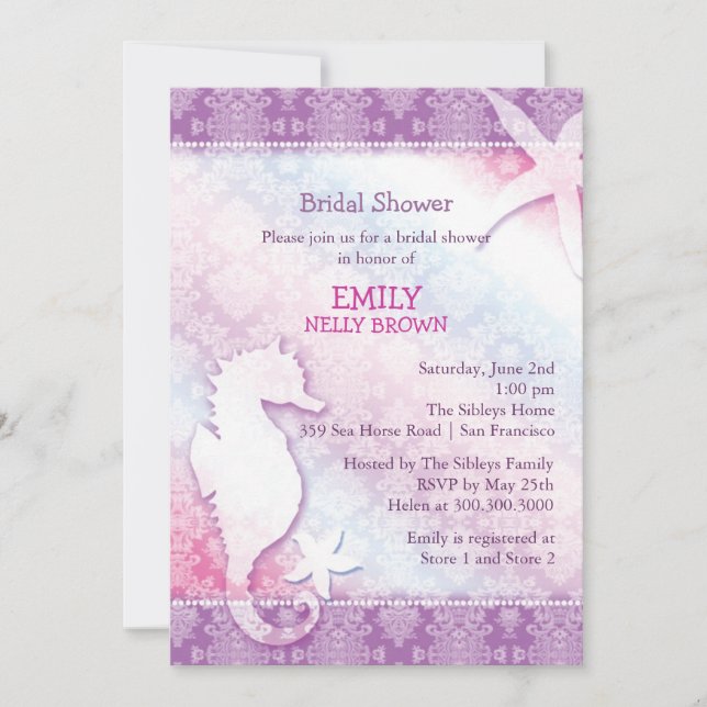 Beach Seahorse Purple Bridal Shower Invitation (Front)