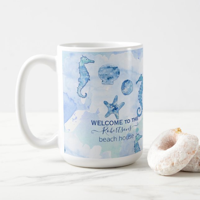 Beach Seahorse Starfish Sea Shells Welcome Family Coffee Mug (With Donut)