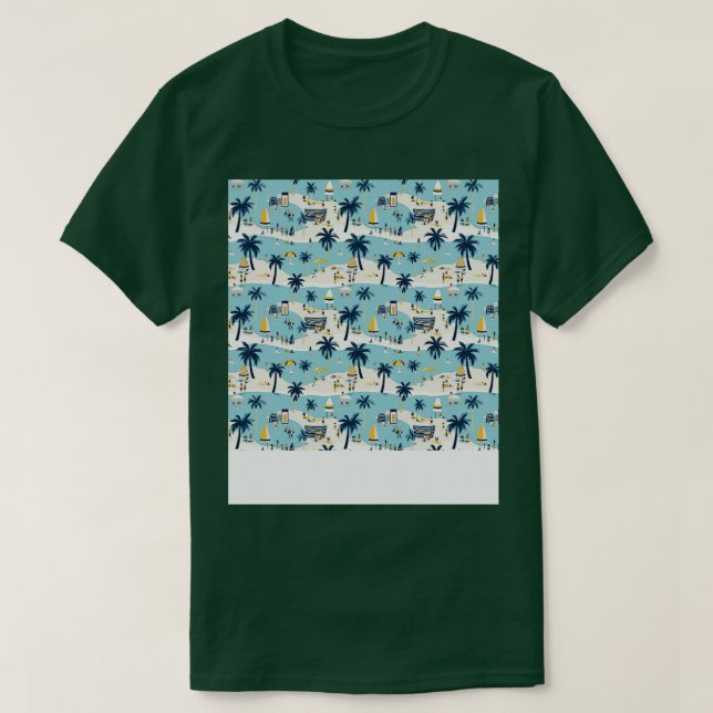 Beach Seamless Pattern Summer Palm Tree Waves Coas T-Shirt (Design Front)
