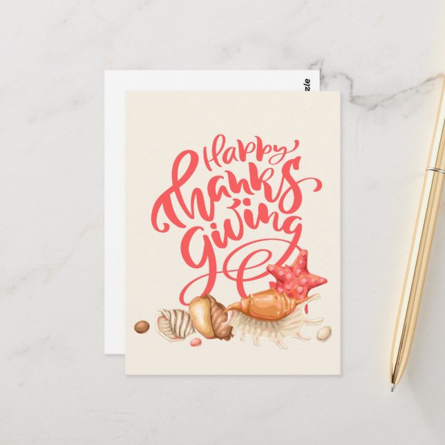 Beach Seashell Coastal Thanksgiving Greeting Postcard (Front/Back In Situ)