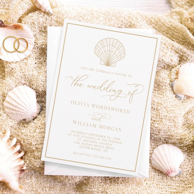 Beach Seashell Elegant Beige Sand Wedding Invitation (Creator Uploaded)