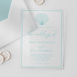 Beach Seashell Elegant Sea Glass Blue Wedding Acrylic Invitations<br><div class="desc">This simple minimal beach teal acrylic wedding invitation has a scallop shell at the top and elegant script calligraphy,  with sea glass blue text and frame around the edge.</div>