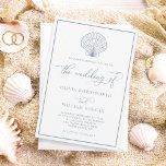 Beach Seashell Elegant White Dusty Blue Wedding Invitation<br><div class="desc">This simple minimal beach wedding invitation design has a scallop shell at the top,  elegant script calligraphy,  and a frame around the edge,  with white background and dusty blue text.</div>