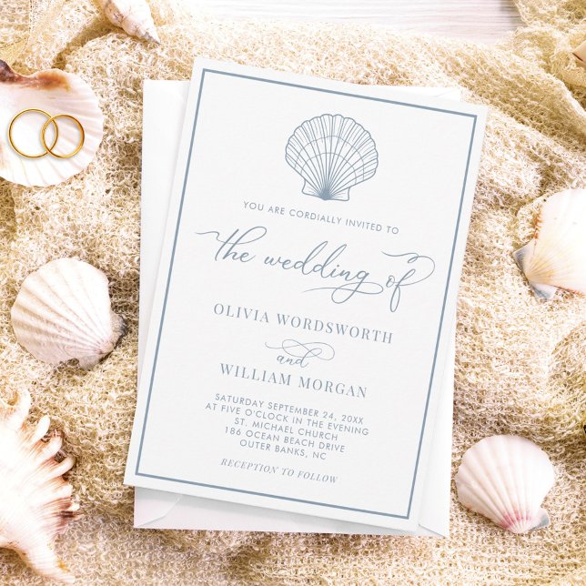 Beach Seashell Elegant White Dusty Blue Wedding Invitation (Creator Uploaded)