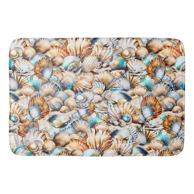 Beach seashell iridescent pattern shell collage bath mat (Front)