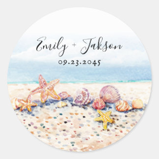 Beach Seashell Ocean Mountains Cloud Watercolor Classic Round Sticker