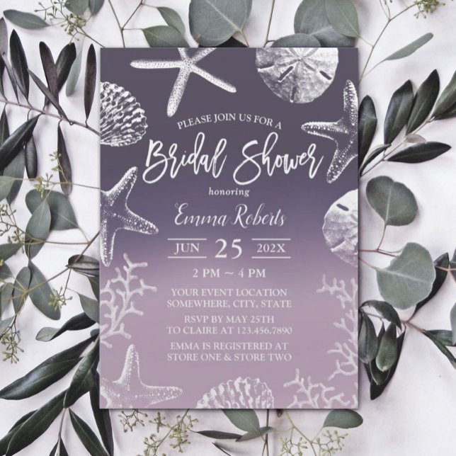 Beach Seashell Starfish Purple Ombre Bridal Shower Invitation (Creator Uploaded)