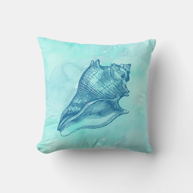 Beach Seashell Watercolor Aqua Summer Cushion (Front)
