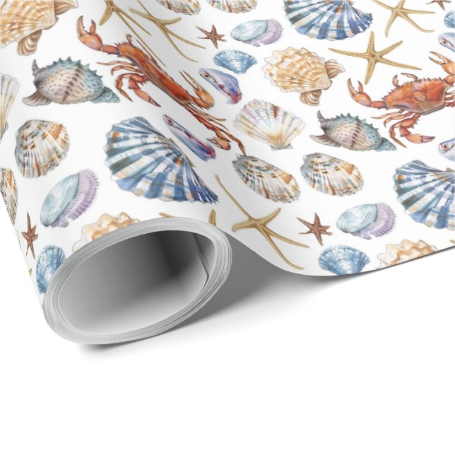 Beach Seashelle Starfish Crab Themed Gift Wrapping Wrapping Paper (Roll Corner)