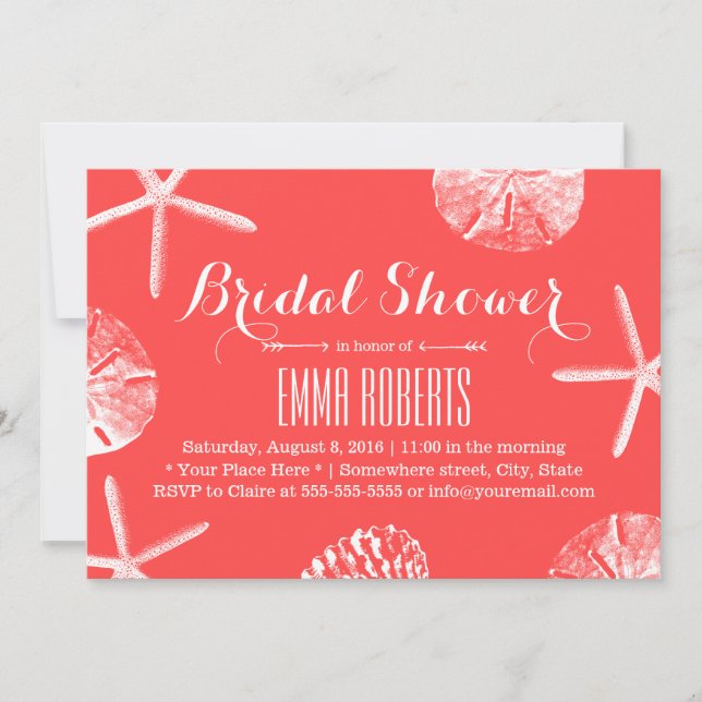 Beach Seashells Coral Red Bridal Shower Invitation (Front)