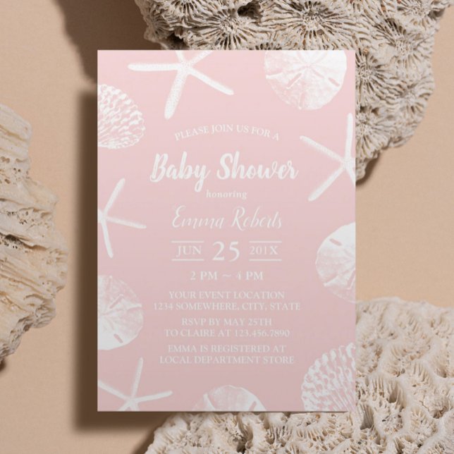Beach Seashells Elegant Blush Pink Baby Shower Invitation (Creator Uploaded)
