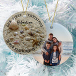 Beach Seashells First Christmas New Home Photo Orn Ceramic Tree Decoration<br><div class="desc">This coastal Christmas ornament,  featuring small seashells nestled in beach sand,  makes a great keepsake for your first Christmas in your new beach house. Ad a photo on the back with the easy to use template.</div>