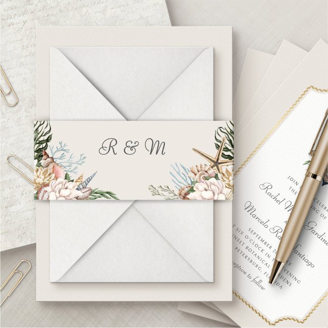 Beach Seashells Floral Wedding Belly Band Invitation Belly Band (Creator Uploaded)