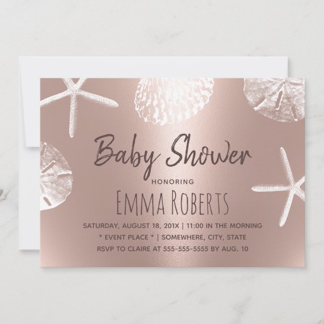 Beach Seashells Modern Blush Rose Gold Baby Shower Invitation (Front)