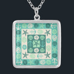 Beach Seashells Nautical Modern Teal Green Silver Plated Necklace<br><div class="desc">This modern, nautical beach necklace is done in a quilted block pattern with alternating green and sand-beige squares. This pretty beach-themed decorative, stylised design includes shells, starfish, anchors and sand dollars in light beige and green shades ranging from teal to seafoam. This ocean-inspired design has a retro / vintage, deco...</div>