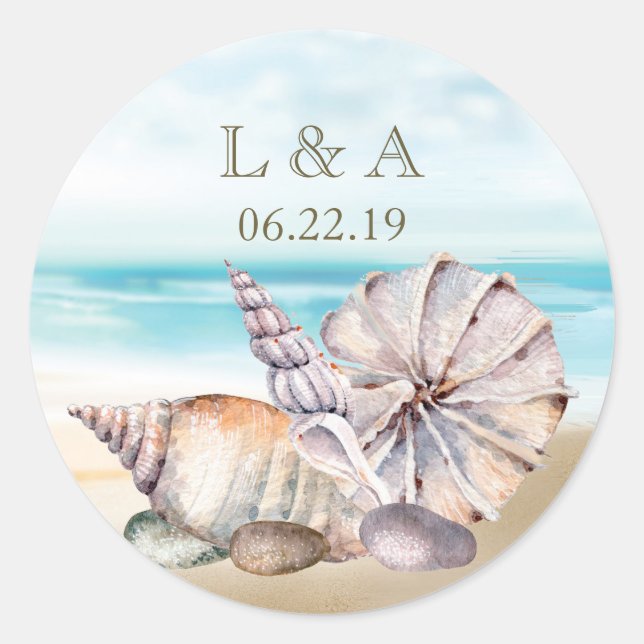 Beach SeaShells | Nautical Wedding Monogram Classic Round Sticker (Front)