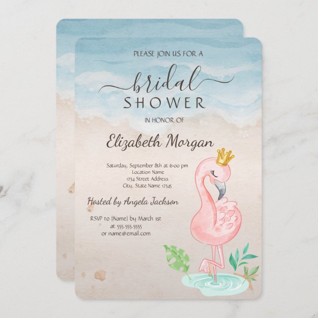 Beach Seashells Pink Flamingos Bridal Shower Invitation (Front/Back)