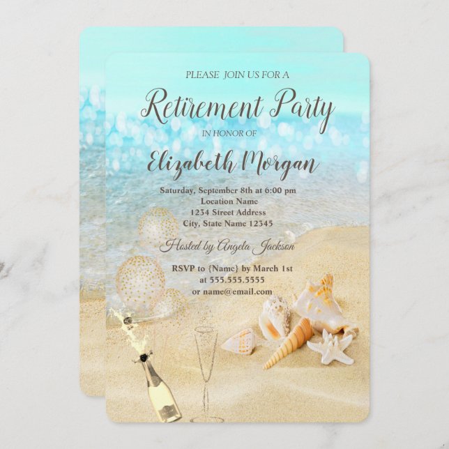 Beach Seashells Sand Balloons,Wine Retirement  Invitation (Front/Back)