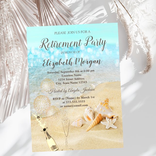 Beach Seashells Sand Balloons,Wine Retirement  Invitation (Creator Uploaded)