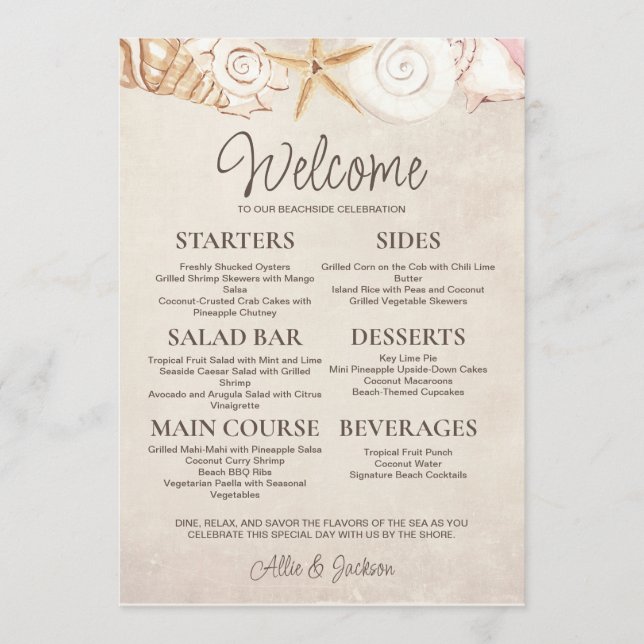 Beach Seashells Sand Casual Wedding Reception Menu (Front)