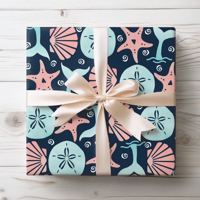 Beach Seashells Sand Dollar Starfish Whale Wrapping Paper Sheet (Creator Uploaded)