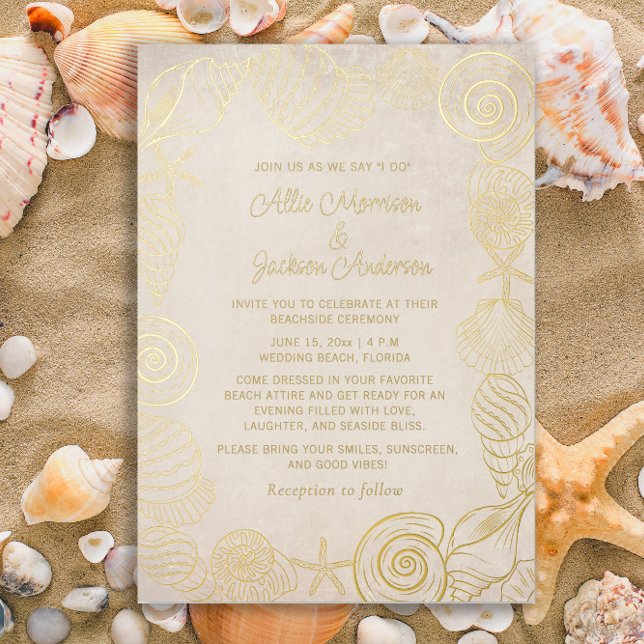 Beach Seashells Sand Seaside Wedding  (Gold-foil beach and seashells wedding invitation)