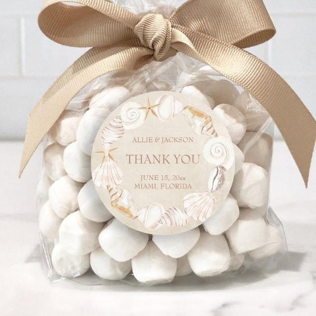 Beach Seashells Sand Seaside Wedding Thank You Classic Round Sticker (Beach wedding treat bag thank you sticker.)