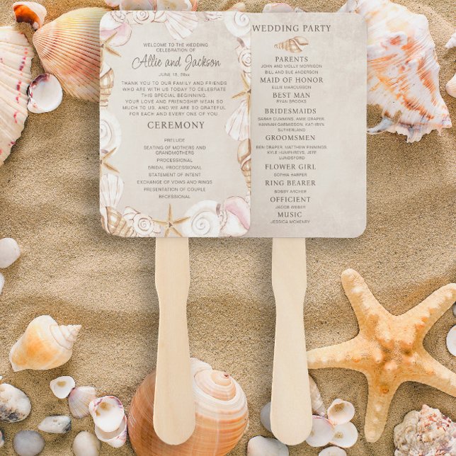 Beach Seashells Sand Wedding Program Bridal Party Hand Fan (Wedding program/bridal party hand fan)