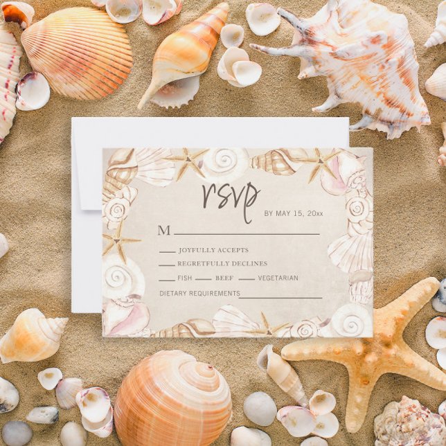 Beach Seashells Sand Wedding  RSVP Card (Beach/sea shell wedding RSVP card)