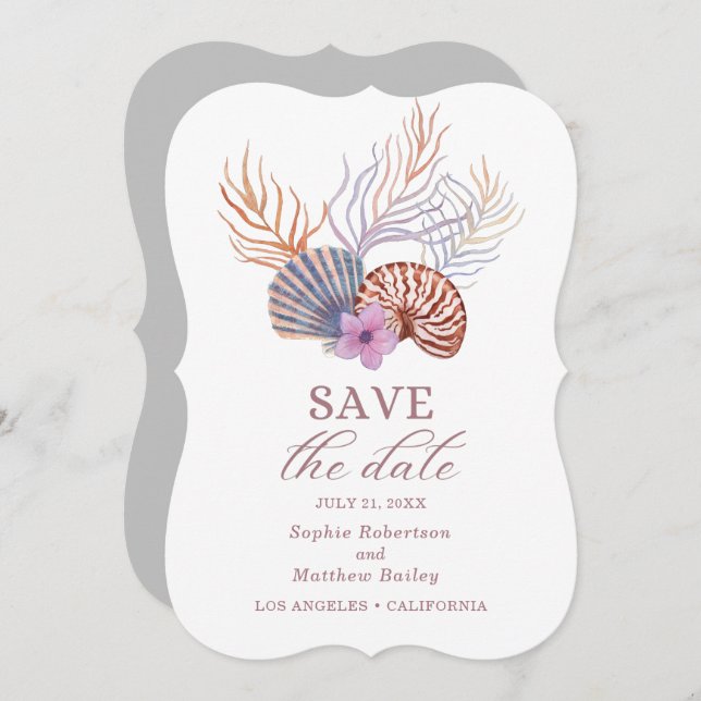 Beach Seashells Watercolor Coastal Chic Wedding Save The Date (Front/Back)