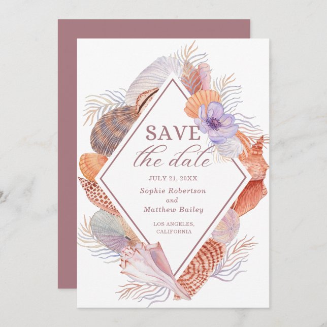 Beach Seashells Watercolor Coastal Chic Wedding Save The Date (Front/Back)