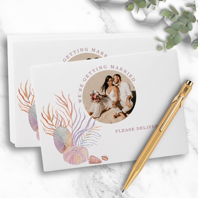 Beach Seashells Watercolor Coastal Photo Wedding Envelope (Creator Uploaded)