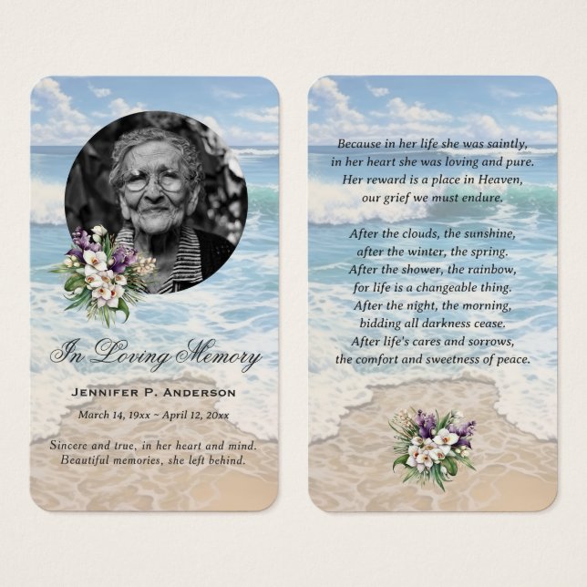 Beach Seashore Floral Photo Memorial Prayer Cards (Front & Back)
