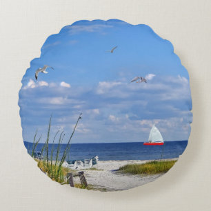 Beach, Seaside, and Birds, Customisable Round Cushion